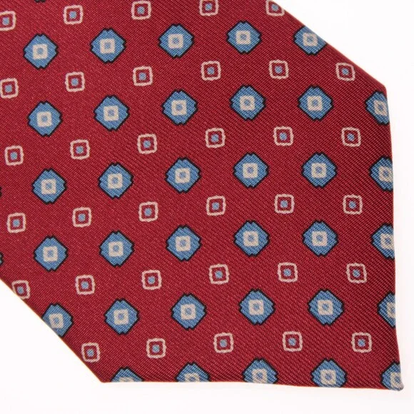 Drake's NWT Neck Tie in Red with Light Blue & White Geometric Pattern 100% Silk